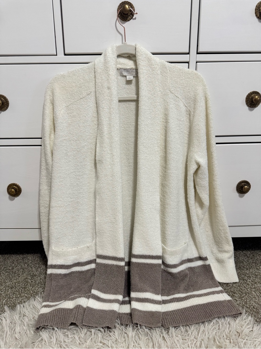 Barefoot Dreams Cloud Soft Open-Front Cardigan with Taupe Stripe Hem